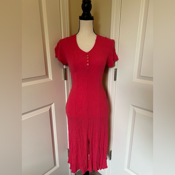 Vintage pink/Red Button-Front lace back cinch waist V-neck short sleeve dress - Picture 1 of 7